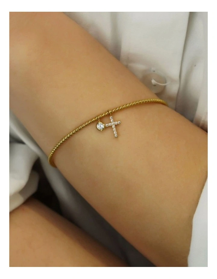 Gregio Simply Tiny Shiny Yg Beaded Bracelet With CZ Cross & CZ Charm in Gold image 2