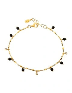 Gregio Simply Tiny Shiny Yg Bracelet With Onyx Beads And CZ Charms in Gold