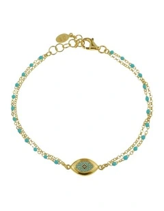 Gregio Wish Luck New Double Chain Bracelet with Thick CZ Evil Eye & Turquoise Beads in Yellow Gold