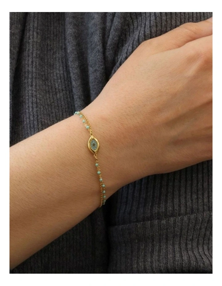 Gregio Wish Luck New Double Chain Bracelet with Thick CZ Evil Eye & Turquoise Beads in Yellow Gold image 2