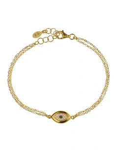Gregio Wish Luck New Double Chain Bracelet with Thick CZ Evil Eye & White Enamel Beads in Yellow Gold