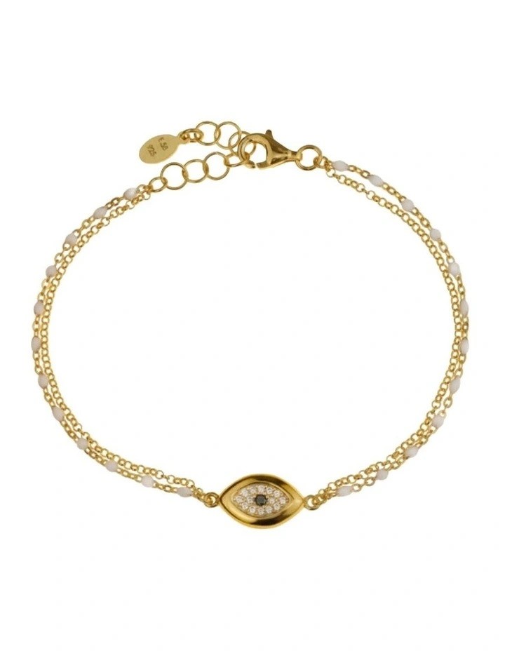 Gregio Wish Luck New Double Chain Bracelet with Thick CZ Evil Eye & White Enamel Beads in Yellow Gold image 1