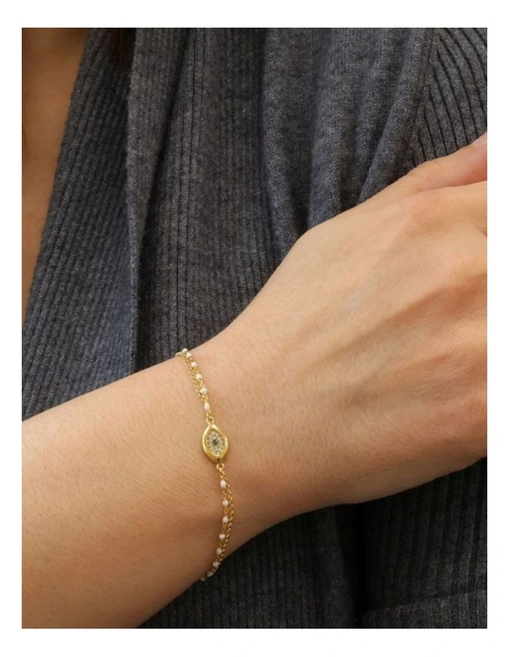 Gregio Wish Luck New Double Chain Bracelet with Thick CZ Evil Eye & White Enamel Beads in Yellow Gold image 2
