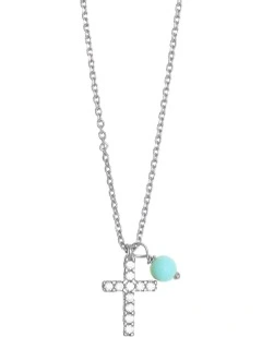 Tiny Shiny Cross Necklace w/ Turquoise & White Zirconia Silver