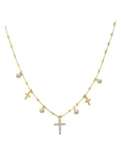 Simply Me/ Tiny Shiny Necklace W/ Cz Cross & Cz in Gold