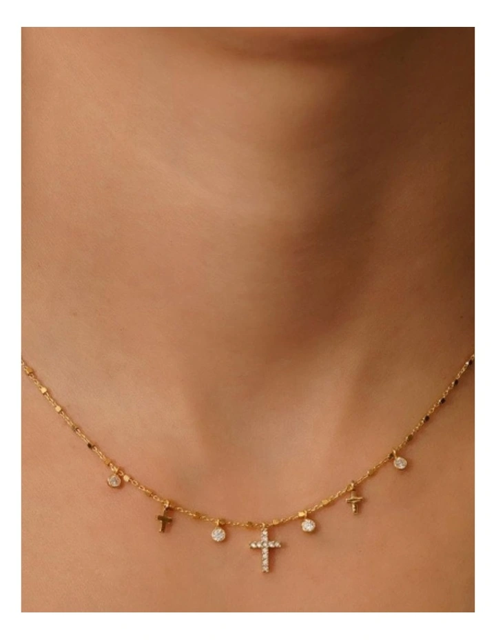 Simply Me/ Tiny Shiny Necklace W/ Cz Cross & Cz in Gold image 2