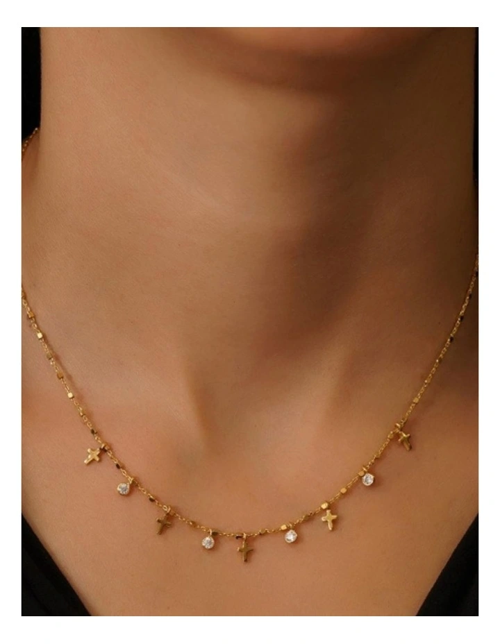 Simply Me/ Tiny Shiny Necklace W/ Mini Cross & Cz in Gold image 2