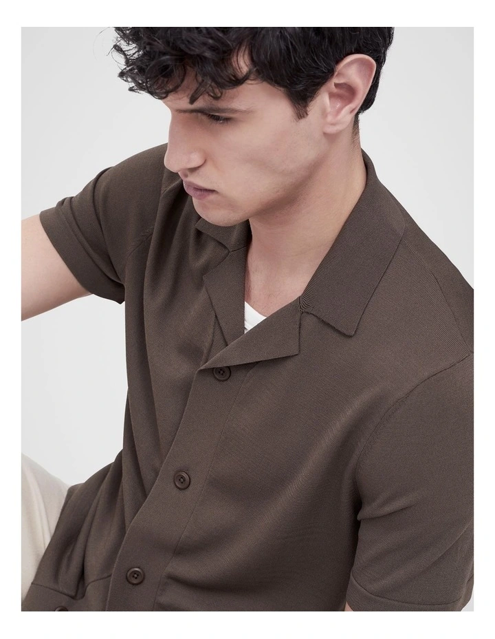 Luxe Knit Button Thru Shirt in Brown image 4