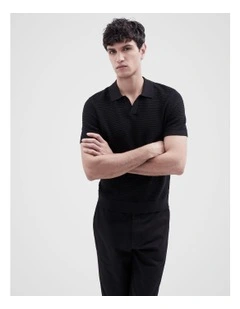 Pointelle Stitch Knit Polo in Black