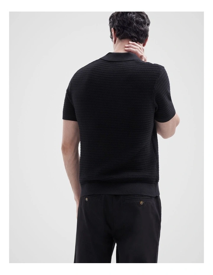 Pointelle Stitch Knit Polo in Black image 2