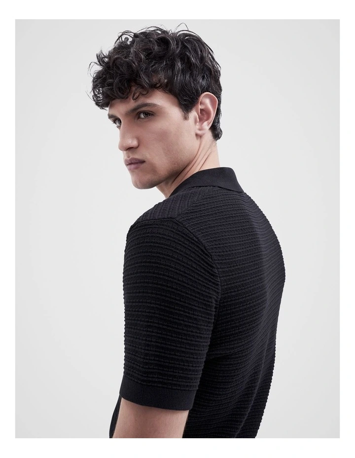 Pointelle Stitch Knit Polo in Black image 3