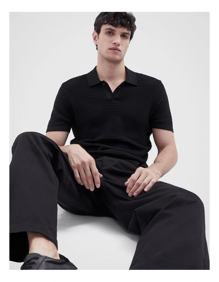 Pointelle Stitch Knit Polo in Black image 4