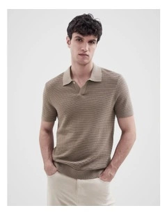 Pointelle Stitch Knit Polo in Brown