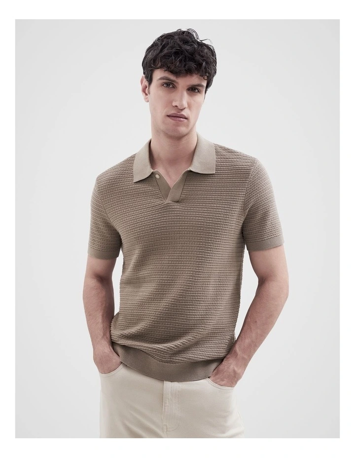 Pointelle Stitch Knit Polo in Brown image 1