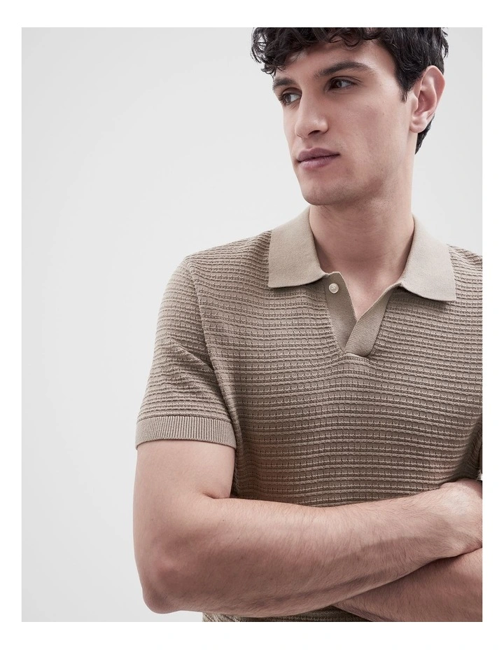 Pointelle Stitch Knit Polo in Brown image 3