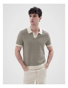 Pointelle Stitch Knit Polo in Brown