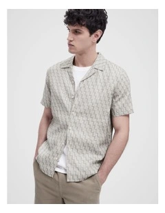 Linen Geo Print Resort Shirt in Grey