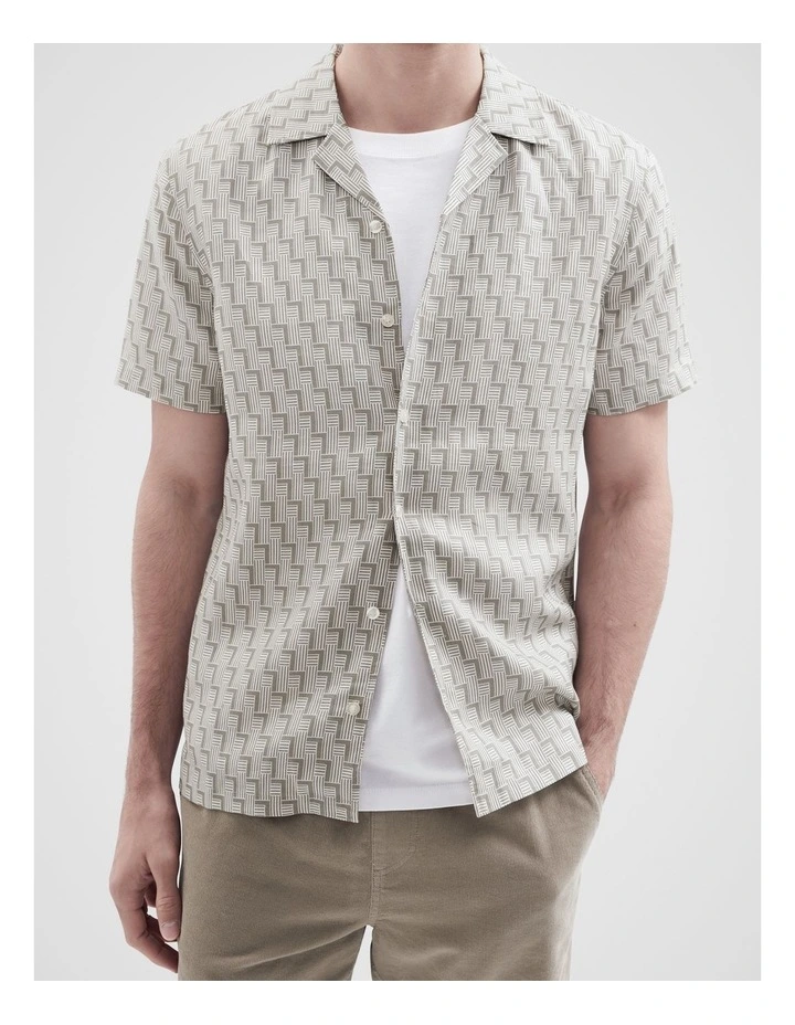 Linen Geo Print Resort Shirt in Grey image 3