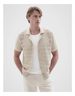 Ladder Stitch Knit Button Thru Shirt in Beige