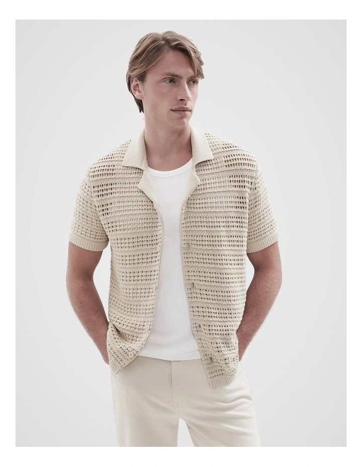 Ladder Stitch Knit Button Thru Shirt in Beige image 1