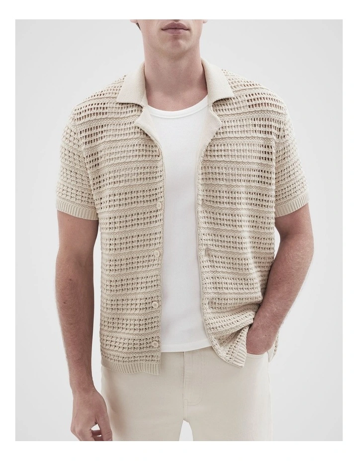 Ladder Stitch Knit Button Thru Shirt in Beige image 3