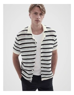 Ladder Stitch Knit Button Thru Shirt in Blue