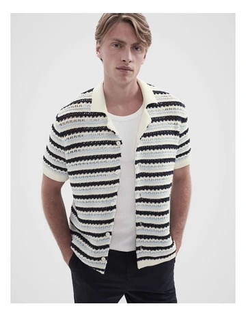 Ladder Stitch Knit Button Thru Shirt in Blue