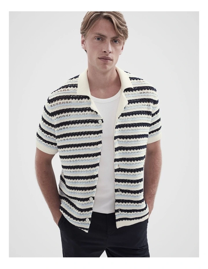 Ladder Stitch Knit Button Thru Shirt in Blue image 1