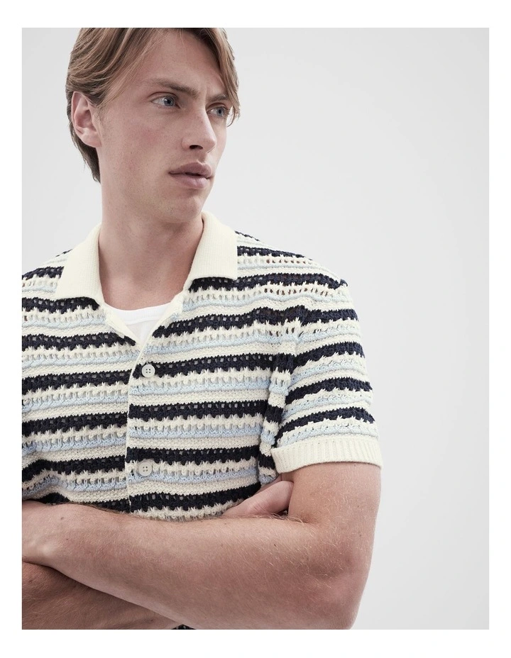 Ladder Stitch Knit Button Thru Shirt in Blue image 3