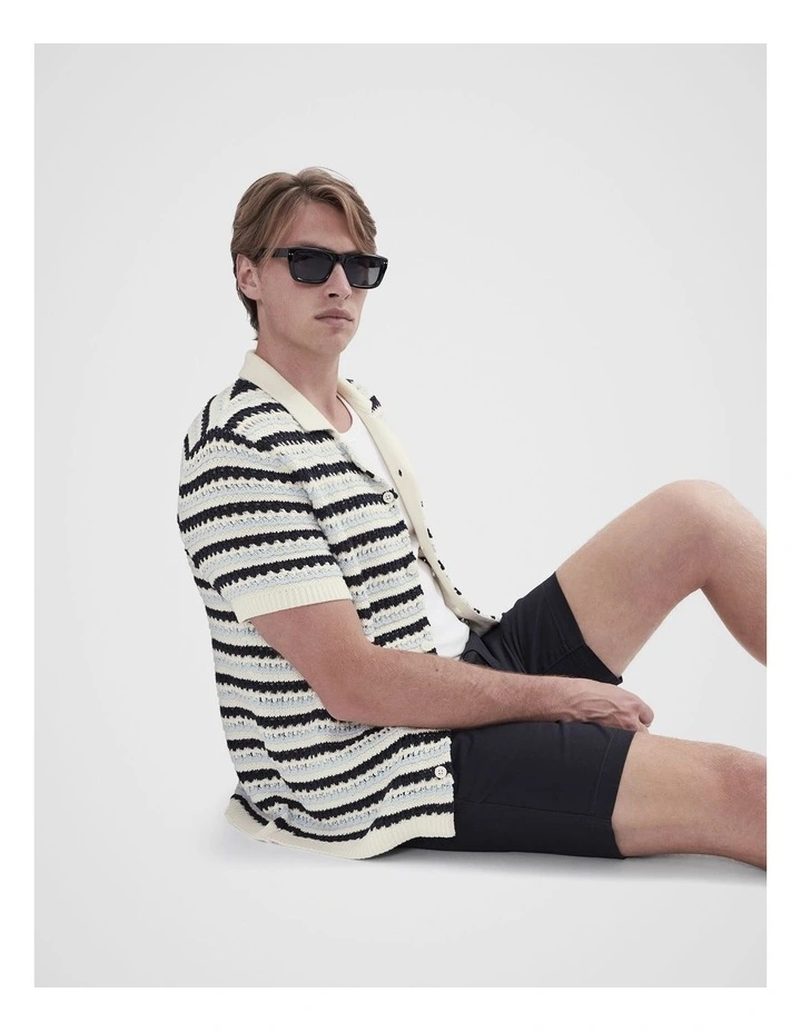 Ladder Stitch Knit Button Thru Shirt in Blue image 4