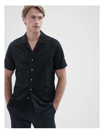 Leaf Embroidered Regular Fit Shirt in Blue