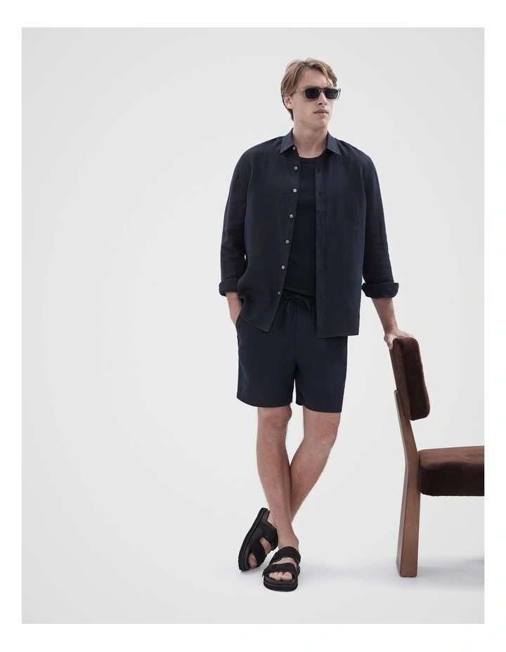 Linen Pull On Short in Blue image 4