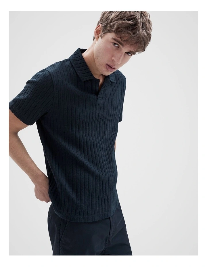 Rib Stitch Polo T-shirts in Navy image 3