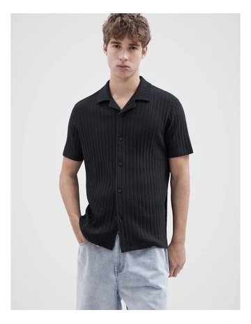 Rib Stitch Button Thru Shirt in Navy