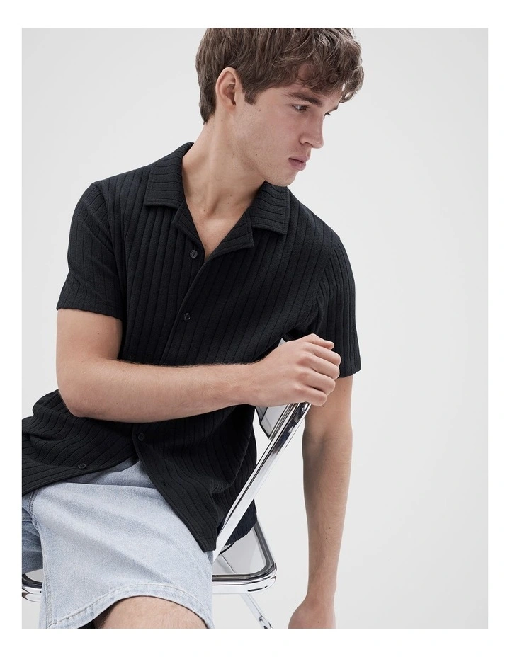 Rib Stitch Button Thru Shirt in Navy image 3