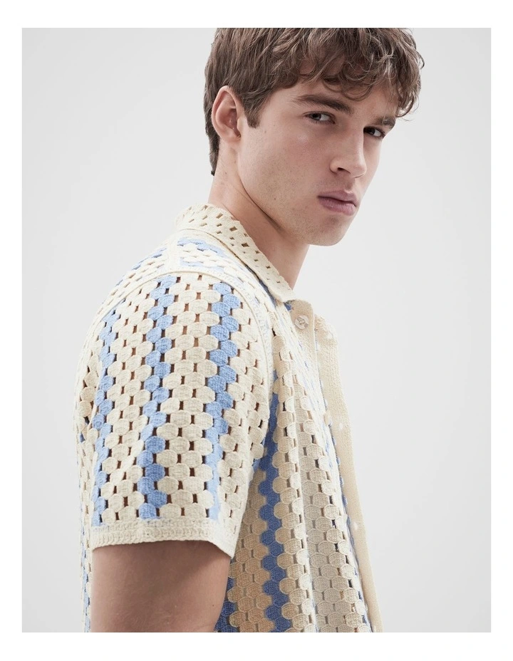 Stripe Crochet Button Thru Shirt in Sand image 3