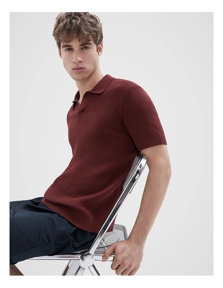 Wavy Stitch Knit Polo in Red image 3