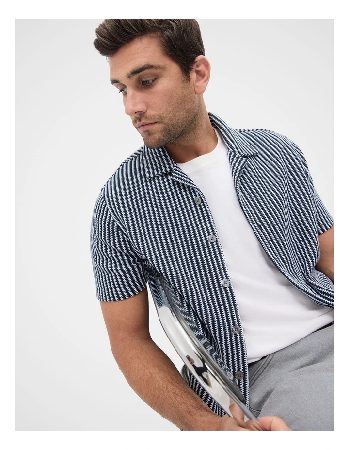 Herringbone Stripe Button Thru Shirt in Blue image 4