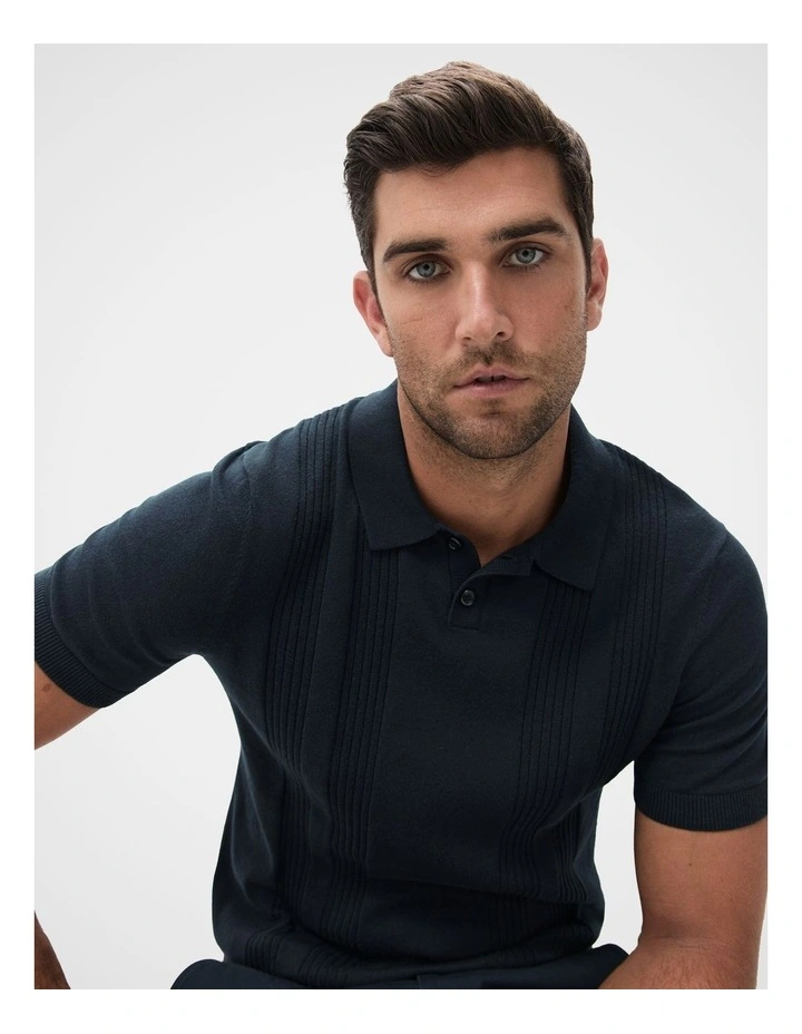 Panel Stitch Knit Polo in Navy image 3