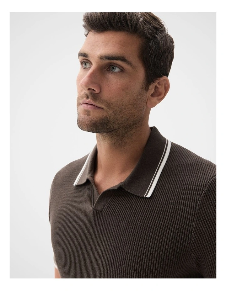 Tipped Knit Polo in Brown image 3
