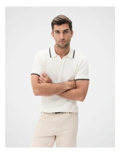 Tipped Knit Polo in White