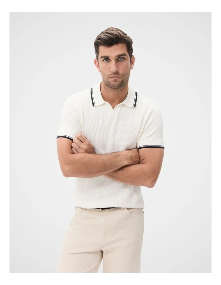 Tipped Knit Polo in White image 1