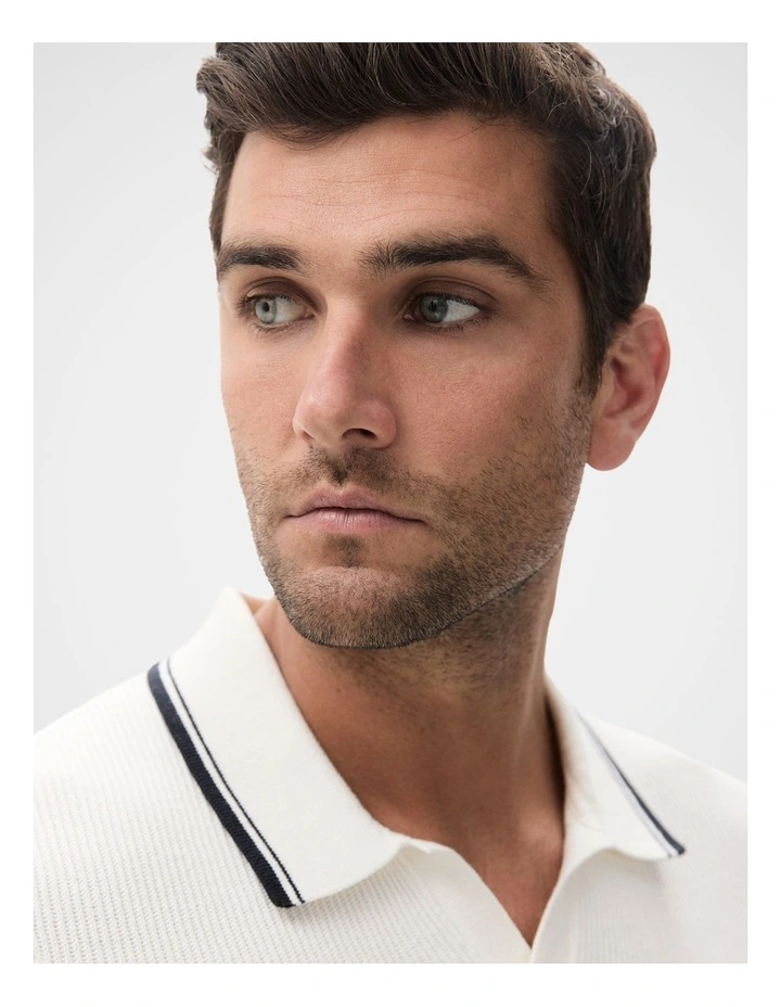 Tipped Knit Polo in White image 3