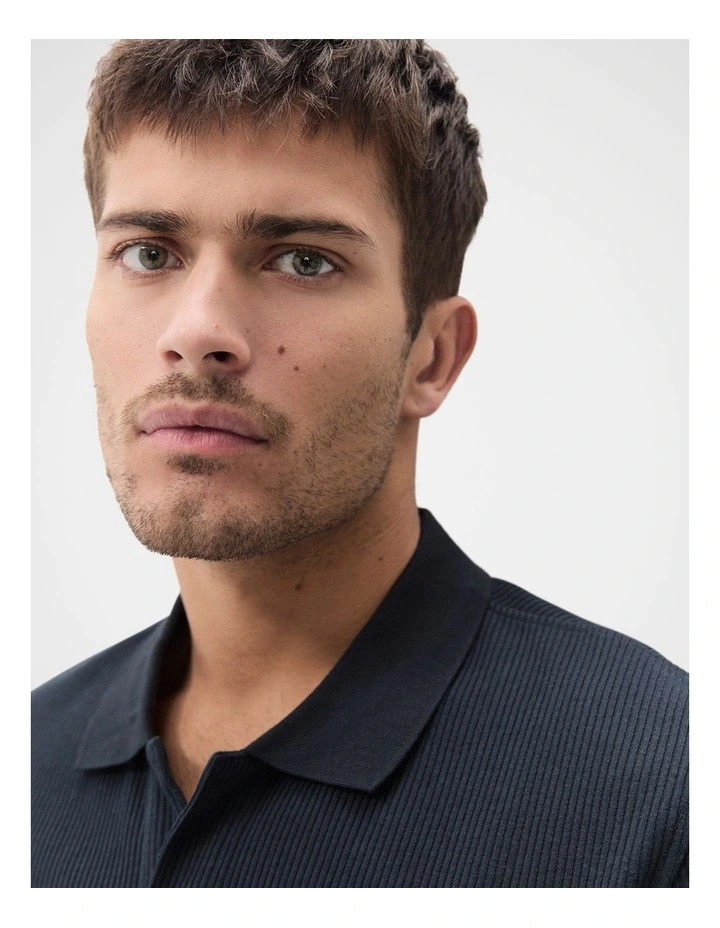 Rib Polo Shirt in Blue image 3