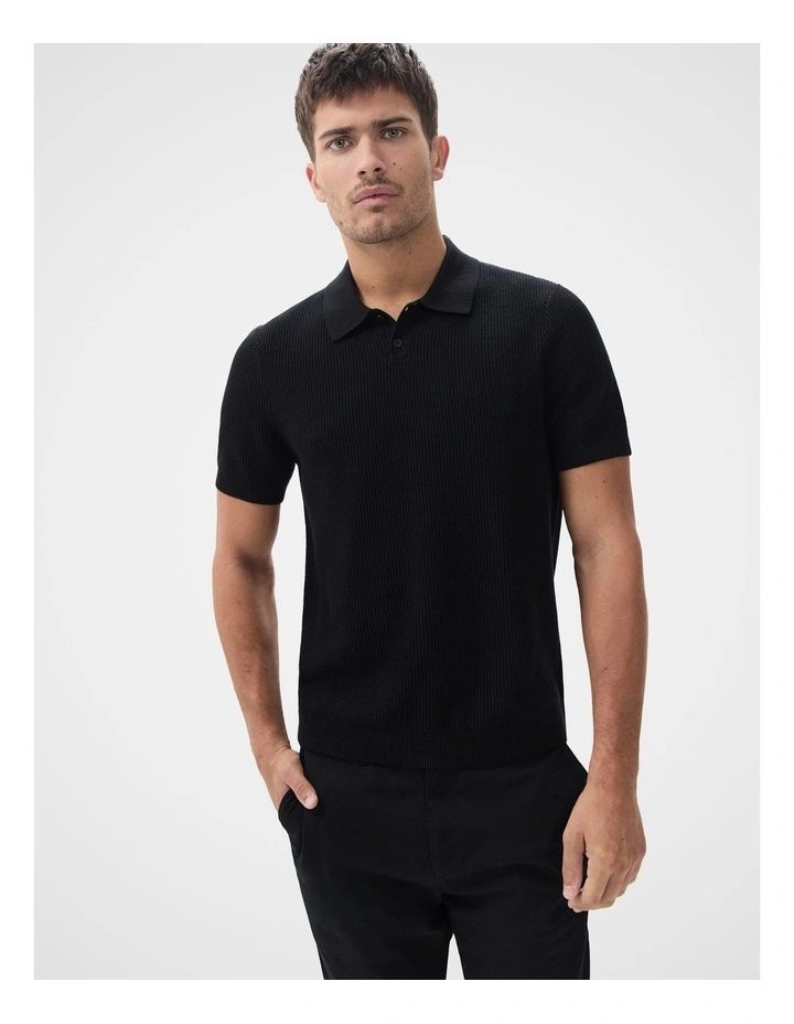 Textured Knit Polo in Black image 1