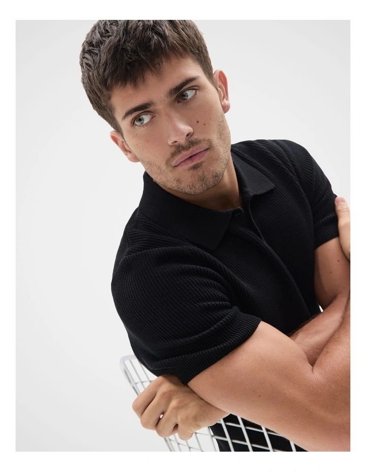 Textured Knit Polo in Black image 3