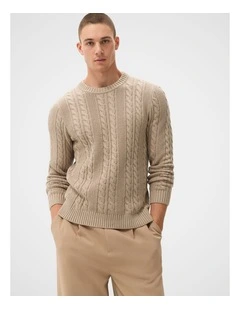 Cable Crew Knit T-shirt in Beige