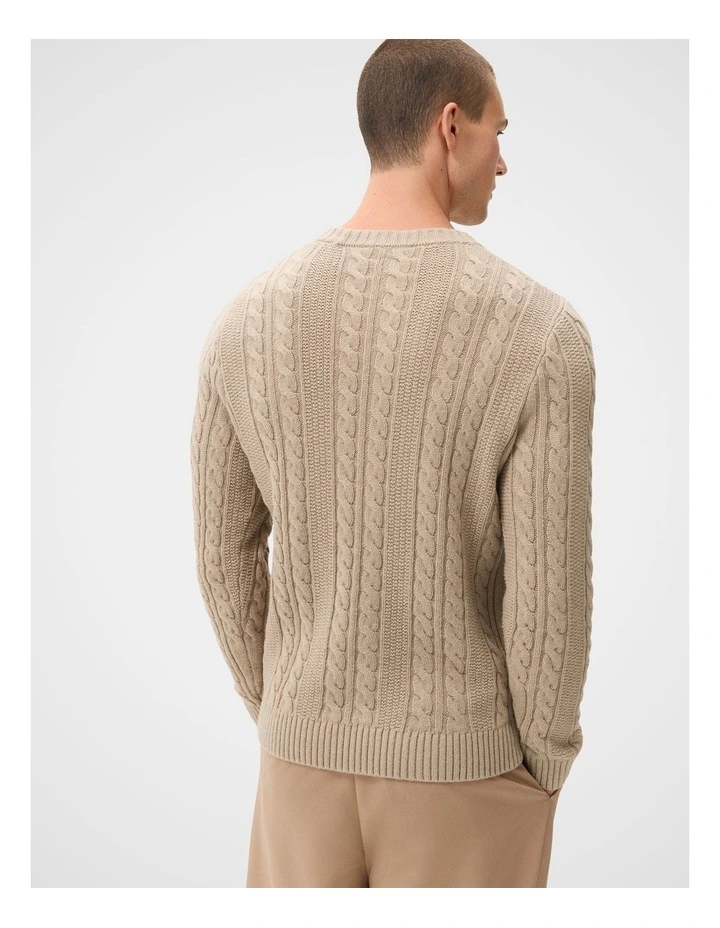 Cable Crew Knit T-shirt in Beige image 2