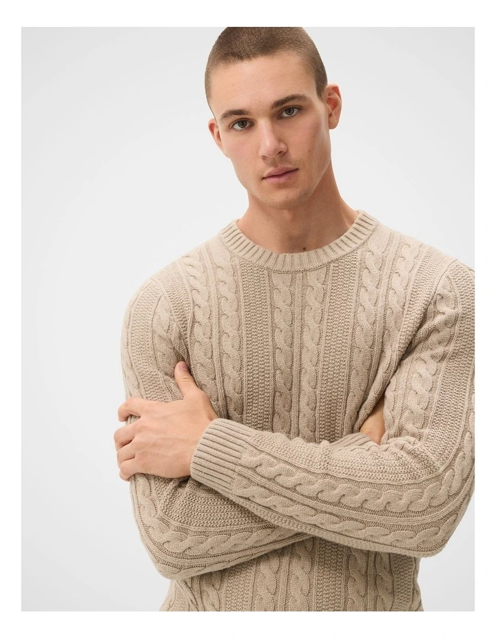 Cable Crew Knit T-shirt in Beige image 3