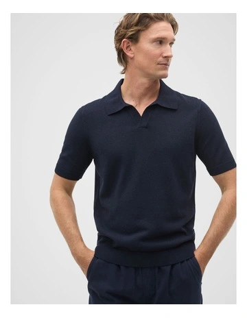 Boucle Knit Trophy Polo in Midnight Blue